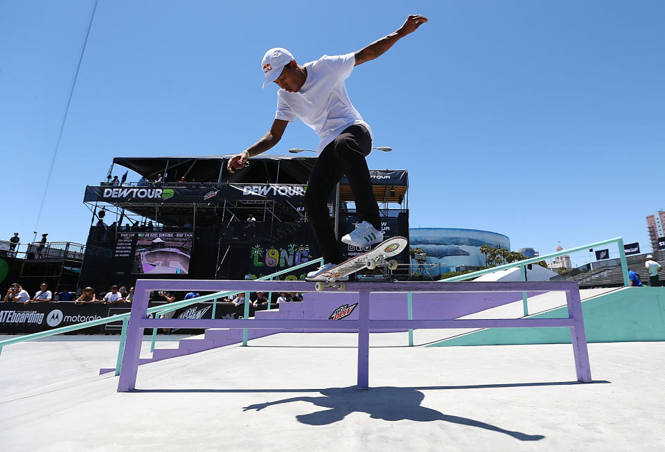 Image: Felipe Gustavo during a practice session at the Dew Tour Skate Competition on June 16, 2017 in Long Beach, Calif. (Joe Scarnici / Getty Images)