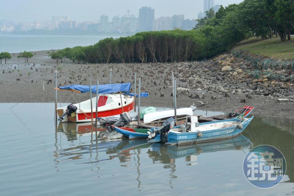 小船並列在淡水河畔，讓我們有了親近河海的機會。