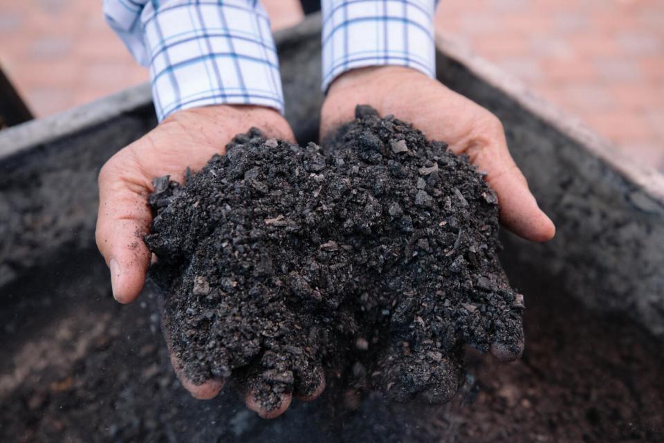 A pair of hands digging into charcoal.