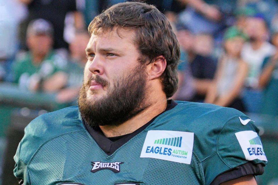 Philadelphia Eagles guard Josh Sills (61) looks on during training camp on August 7, 2022 at Lincoln Financial Field in Philadelphia PA.