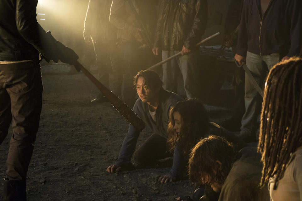 <p>Jeffrey Dean Morgan as Negan, Danai Gurira as Michonne, Norman Reedus as Daryl Dixon, Christian Serratos as Rosita Espinosa, Steven Yeun as Glenn Rhee (Credit: Gene Page/AMC) </p>