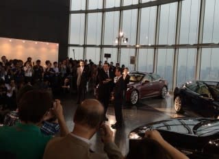 Tesla Motors CEO Elon Musk delivers first Tesla Model S electric cars in Tokyo, Sept 2014