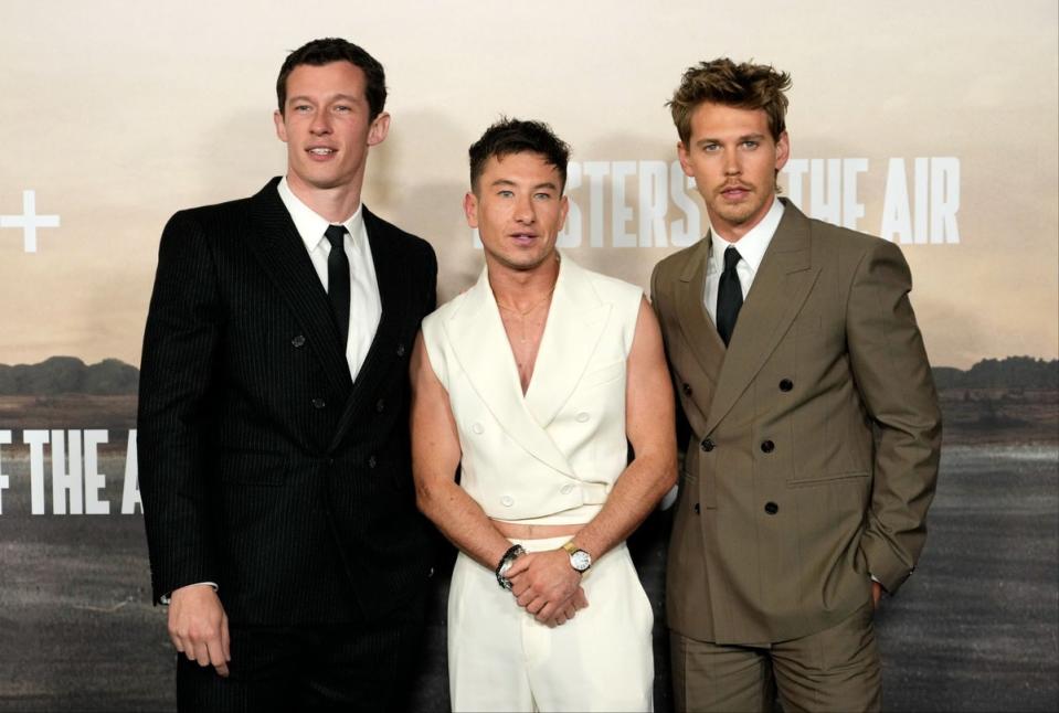 Callum Turner, left, Barry Keoghan, center, and Austin Butler, cast members in 