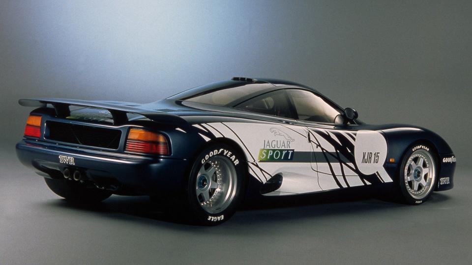 Jaguar XJR-15 rear three-quarter image in studio