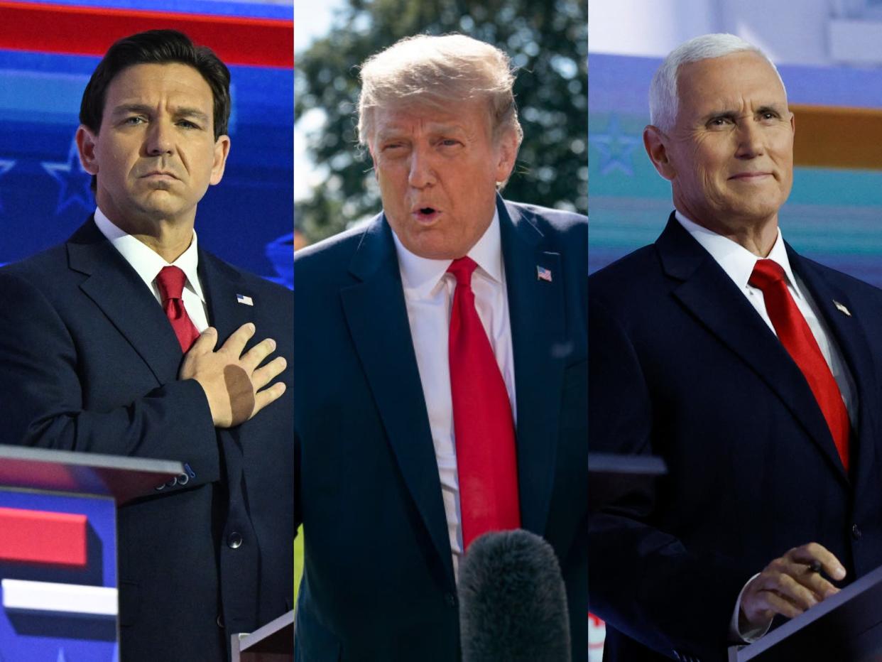 Left to right: Ron DeSantis, Donald Trump, and Mike Pence wearing red ties