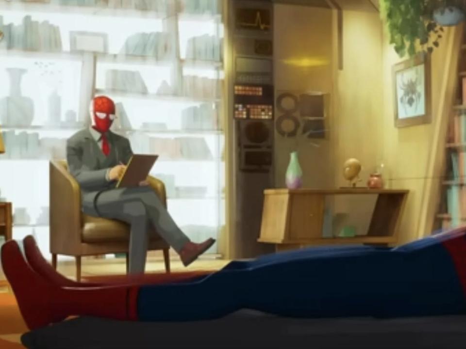 Spider-Therapist sitting opposite Spider-Man in "Across the Spider-Verse."