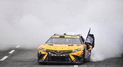 Christopher Bell performs a burnout at Martinsville Speedway