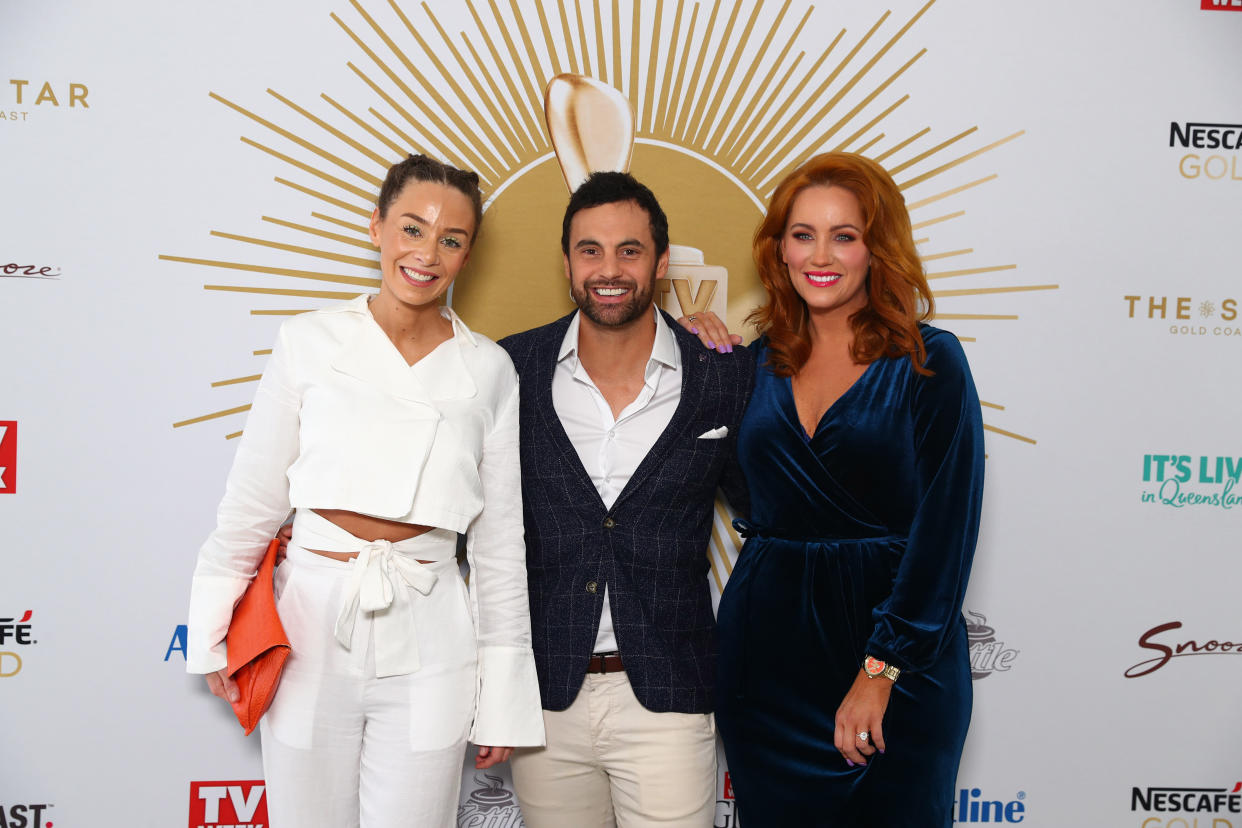 Heidi Latham, Cam Merchant, Jules Robinson from Married at first sight pose the 2019 TV WEEK Logie Awards Nominations Party at The Star Gold Coast on May 26, 2019 in Gold Coast, Australia. (Photo by Chris Hyde/Getty Images)