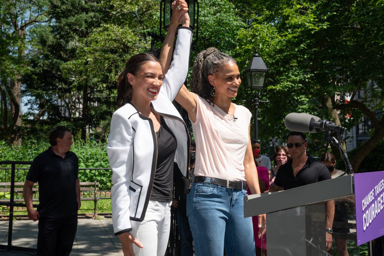 U.S. Rep. Alexandria Ocasio-Cortez, left, and Maya Wiley, left, stand together after the congresswoman endorsed her for the number one spot for the New York City mayor's race at City Hall Park  Saturday, June 5, 2021 in Manhattan, New York.