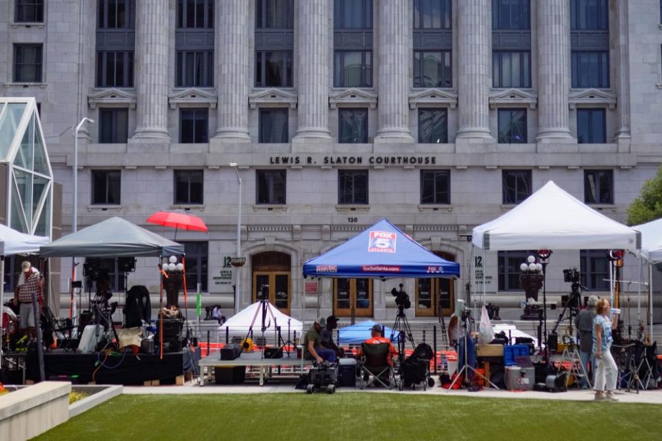 Members of the media outside of the Fulton County Courthouse in Atlanta on Aug. 14, 2023.<span class="copyright">Ben Hendren—Bloomberg/Getty Images</span>