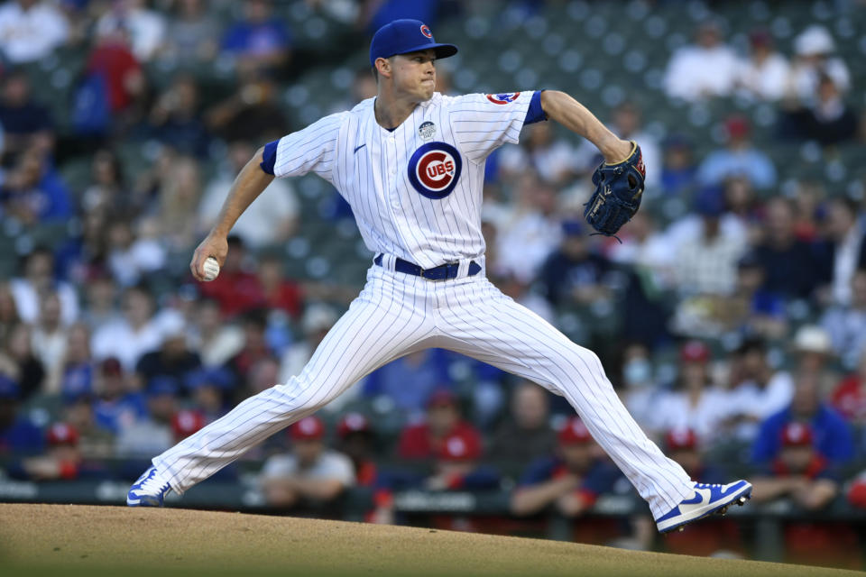 Chicago Cubs starter Keegan Thompson winds up during the first inning of the team's baseball game against the St. Louis Cardinals on Thursday, June 2, 2022, in Chicago. (AP Photo/Paul Beaty)