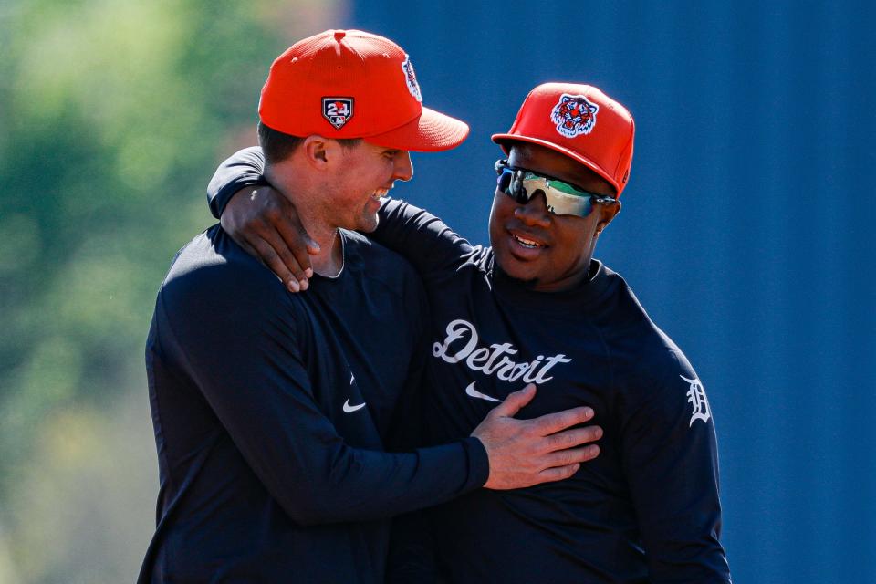 Detroit Tigers infielder Andre Lipcius talks to infielder Eddys Leonard during spring training at TigerTown in Lakeland, Fla. on Wednesday, Feb. 21, 2024.