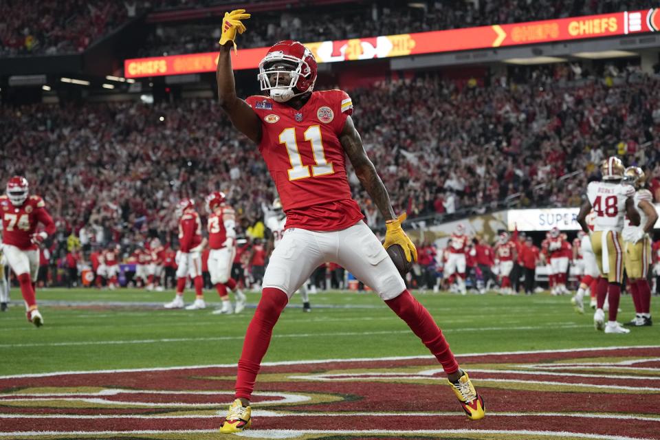 Kansas City Chiefs wide receiver Marquez Valdes-Scantling (11) celebrates his touchdown against the San Francisco 49ers during the second half of the NFL Super Bowl 58 football game Sunday, Feb. 11, 2024, in Las Vegas. (AP Photo/George Walker IV)