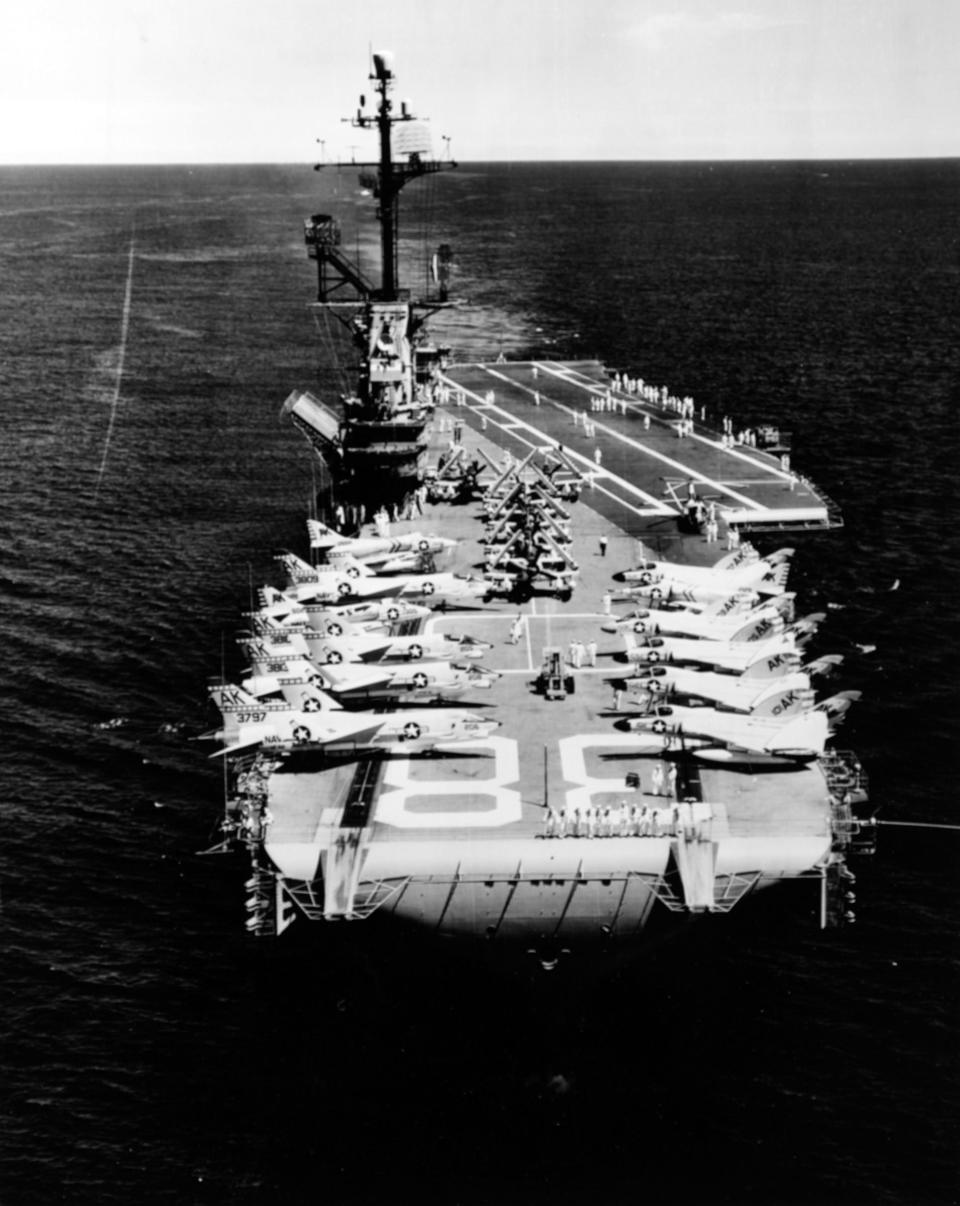 The carrier with one of the most unique names, USS Shangri-La (CVA 38), pictured at sea in 1960.