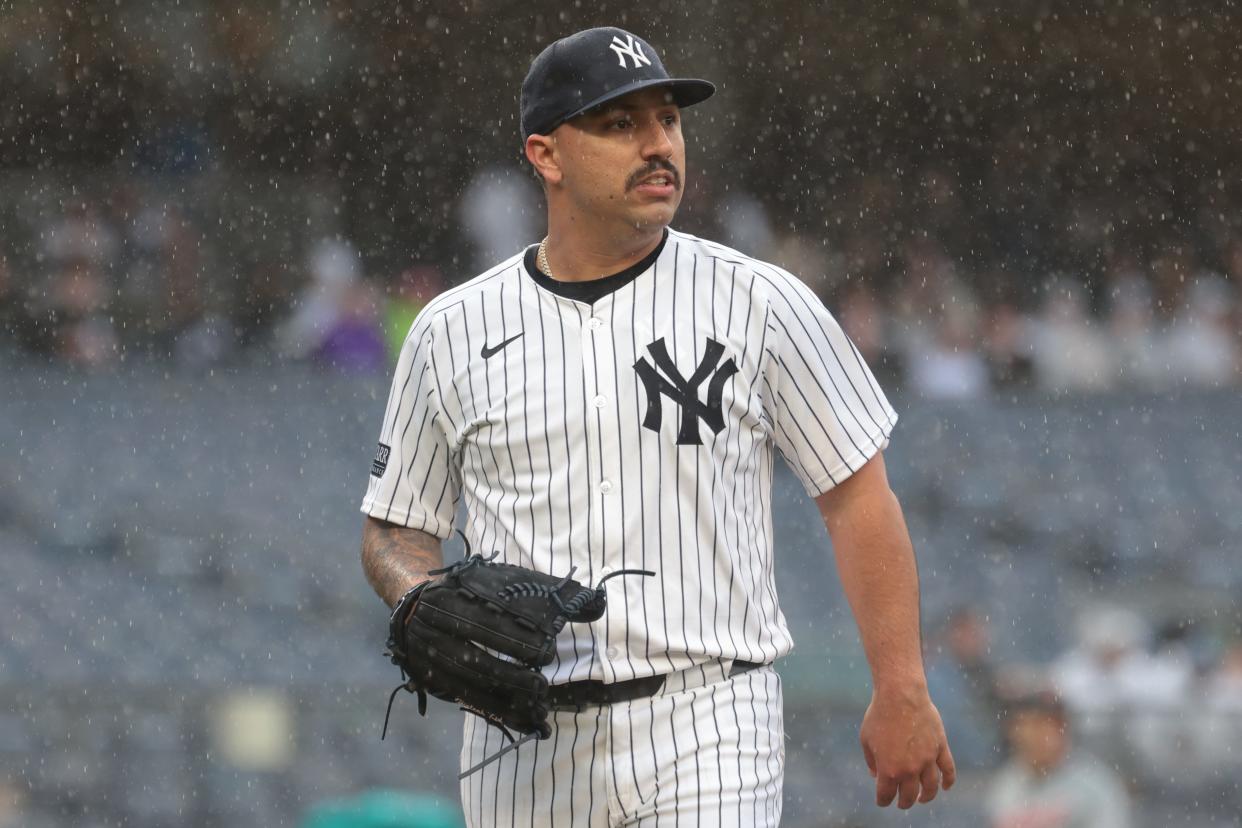 May 5, 2024; Bronx, New York, USA; New York Yankees starting pitcher Nestor Cortes (65) walks off the field after being relieved during the seventh inning against the Detroit Tigers at Yankee Stadium. Mandatory Credit: Vincent Carchietta-USA TODAY Sports