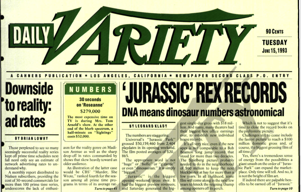 ”JURASSIC’ REX RECORDS,’ reads the front page of the June 15, 1993 edition of Daily Variety