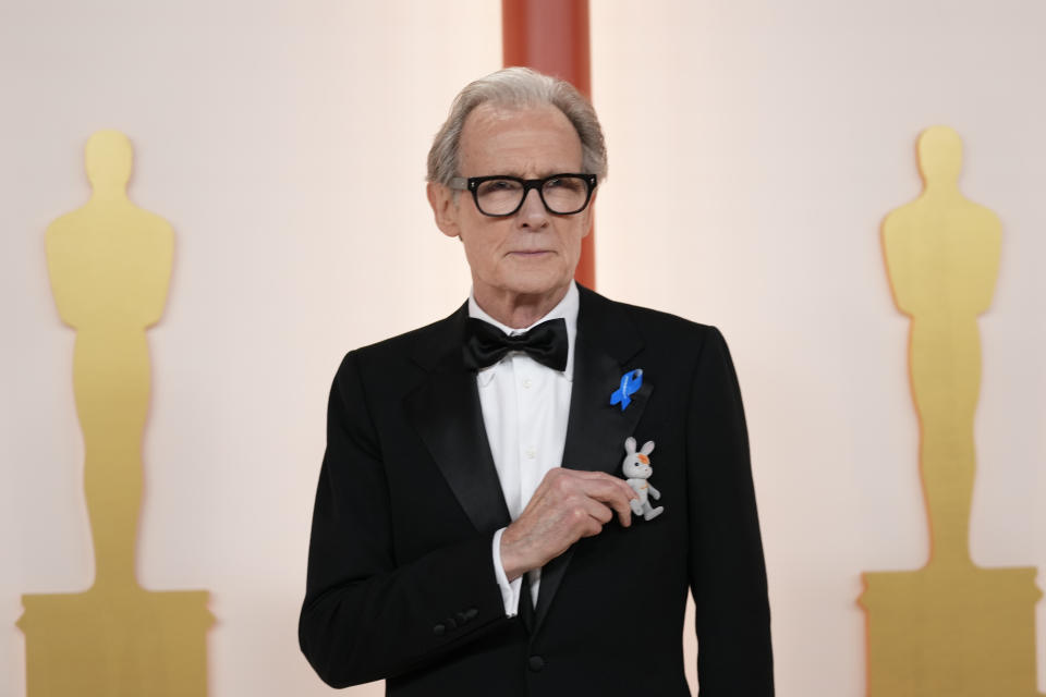 Bill Nighy arrives at the Oscars on Sunday, March 12, 2023, at the Dolby Theatre in Los Angeles. (AP Photo/Ashley Landis)