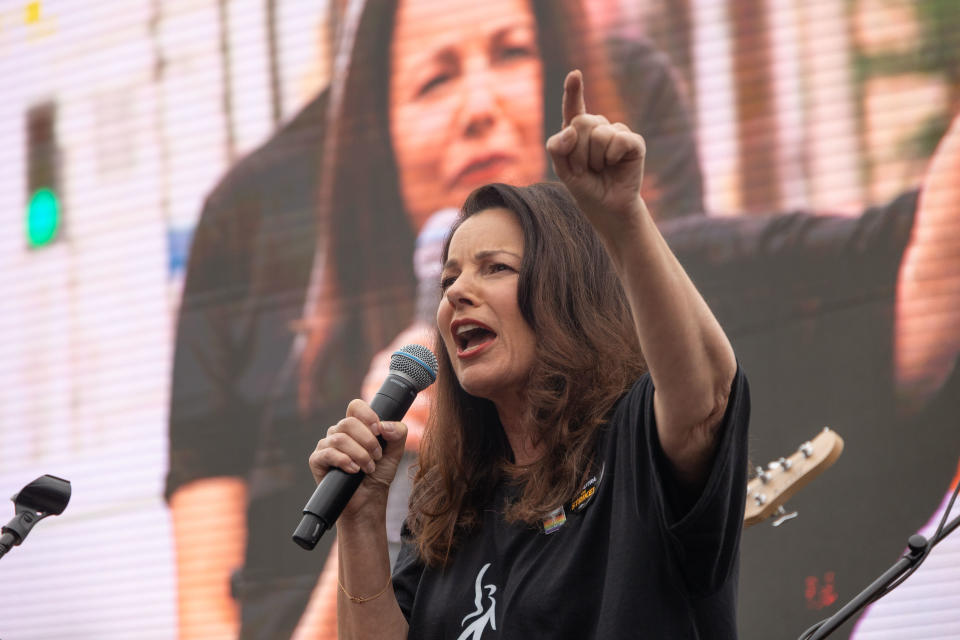 LOS ANGELES, CALIFORNIA - SEPTEMBER 13: Fran Drescher speaks at the SAG-AFTRA Los Angeles Solidarity March and Rally on September 13, 2023 in Los Angeles, California. Members of SAG-AFTRA and WGA (Writers Guild of America) have both walked out in their first joint strike against the studios since 1960. The strike has shut down a majority of Hollywood productions with writers in the fourth month of their strike against the Hollywood studios.  (Photo by Momodu Mansaray/Getty Images)