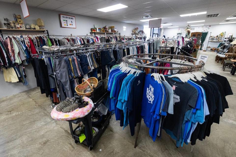 Items inside the clothing section of Flipstone Vintage & Thrift on White Settlement Road.