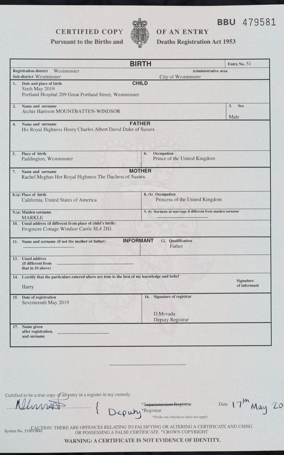 The birth certificate of Archie Harrison Mountbatten-Windsor - Jonathan Brady