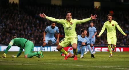 Football - Manchester City v FC Barcelona - UEFA Champions League Second Round First Leg - Etihad Stadium, Manchester, England - 24/2/15 Luis Suarez celebrates after scoring the second goal for Barcelona Action Images via Reuters / Lee Smith Livepic EDITORIAL USE ONLY. - RTR4R0RV