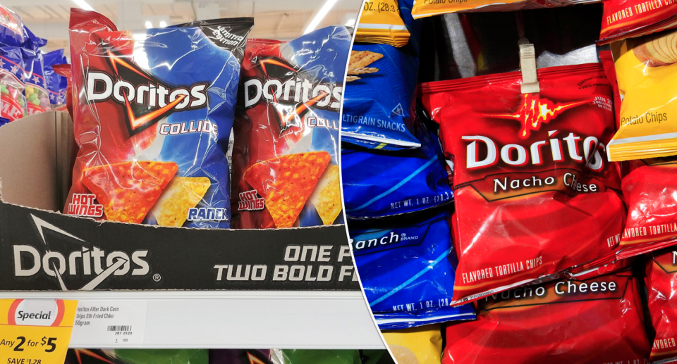 Doritos chips seen on Woolworths supermarket shelf.