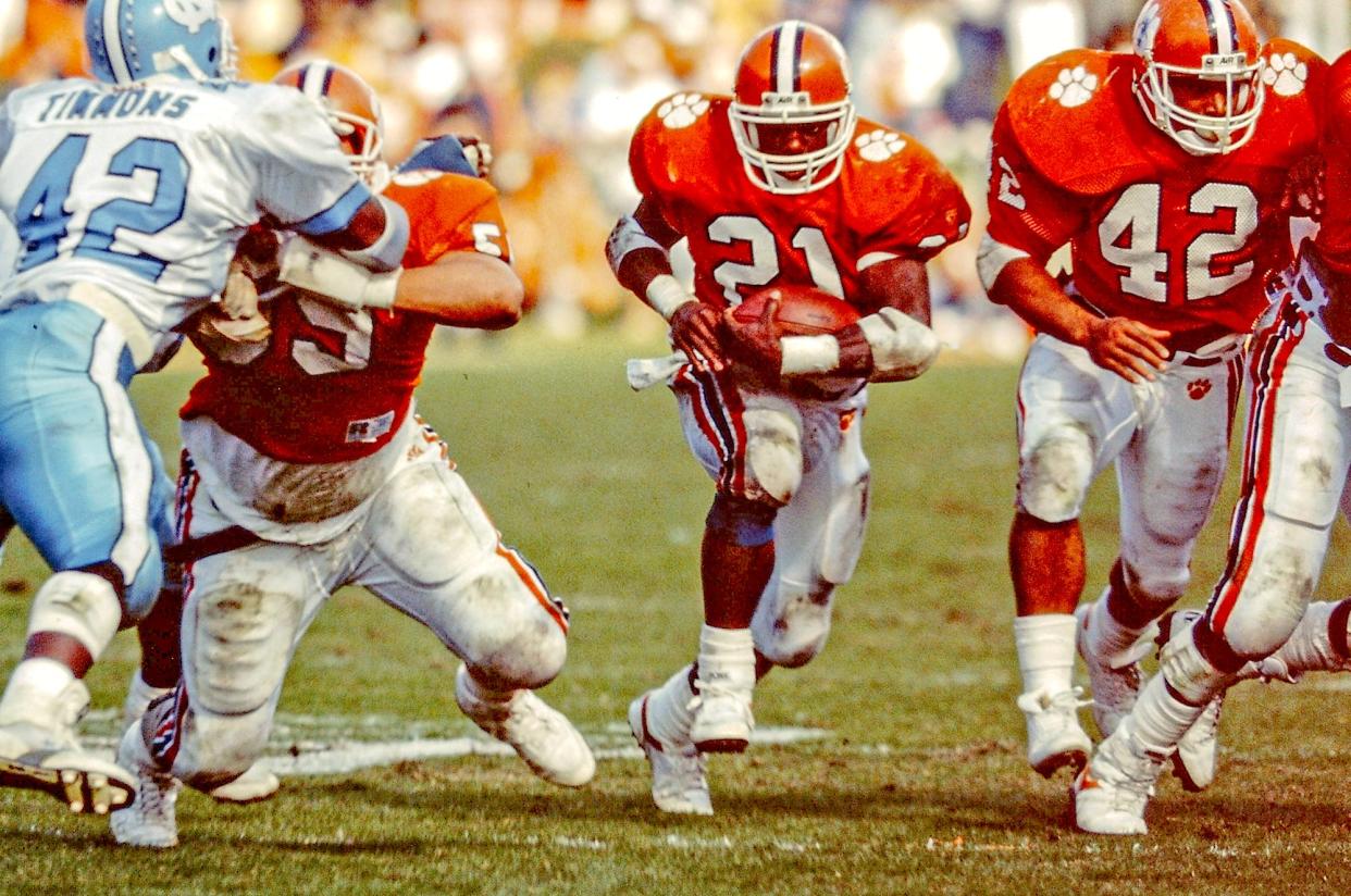Terry Allen runs out of bounds in a game against University of North Carolina in November 5, 1988. Clemson won 37-14. 