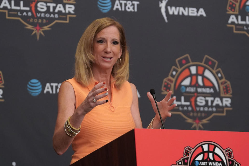 WNBA commissioner Cathy Engelbert speaks to media ahead of the 2023 WNBA All-Star Game at Michelob Ultra Arena in Las Vegas, on July 15, 2023. (Lucas Peltier/USA TODAY Sports)