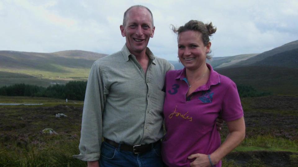 Rhianon Bragg wearing a purple top with Gareth Wyn Jones her former partner.  They have arms around each other as the photograph was taken when they were a couple.