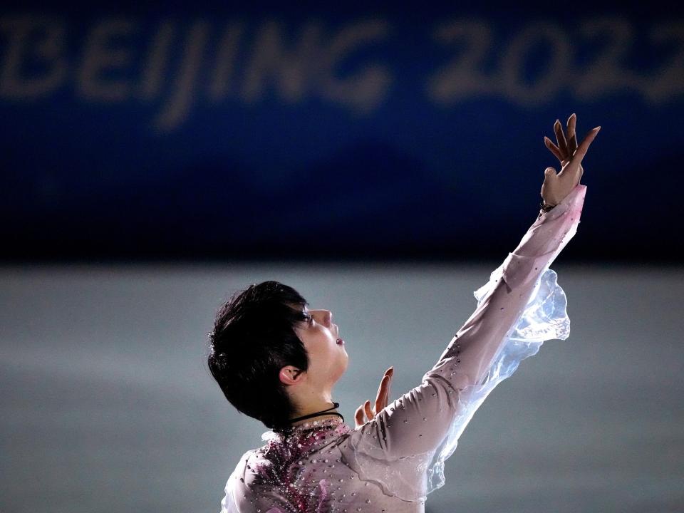 Hanyu Yuzuru of Japan performs during the figure skating gala event of the Beijing 2022 Winter Olympics at Capital Indoor Stadium in Beijing, capital of China, Feb. 20, 2022