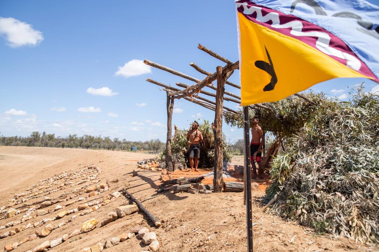 <span class="caption">For over six weeks, Wangan and Jagalingou Traditional Owners have been performing continuous cultural ceremony at the edge of Adani’s Carmichael mine in central Queensland. </span> <span class="attribution"><span class="source">Leah Light Photography</span></span>