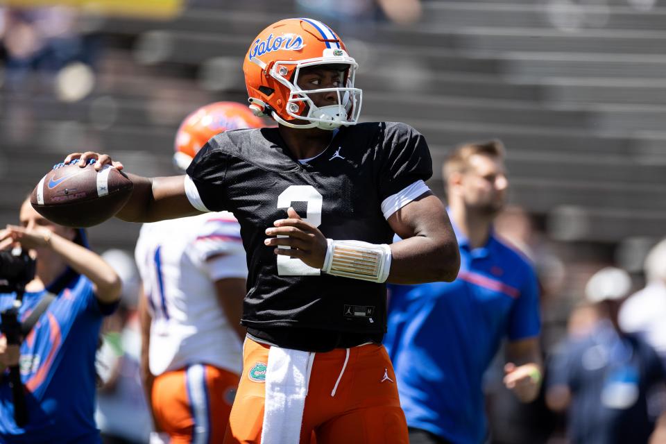 Florida Gators quarterback DJ Lagway (2) throws the ball before the game at the Orange and Blue spring football game at Steve Spurrier Field at Ben Hill Griffin Stadium in Gainesville, FL on Saturday, April 13, 2024. [Matt Pendleton/Gainesville Sun]