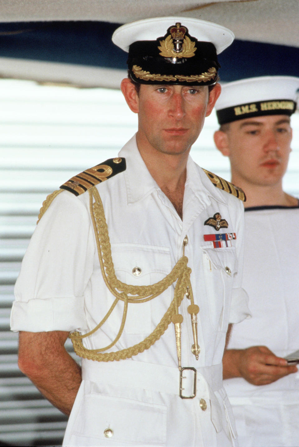 DUBAI, UNITED ARAB EMIRATES - MARCH 17:  Charles, Prince of Wales, in white uniform during his official tour of the Gulf States on March 17, 1989 in Dubai, United Arab Emirates.  (Photo by Georges De Keerle/Getty Images)