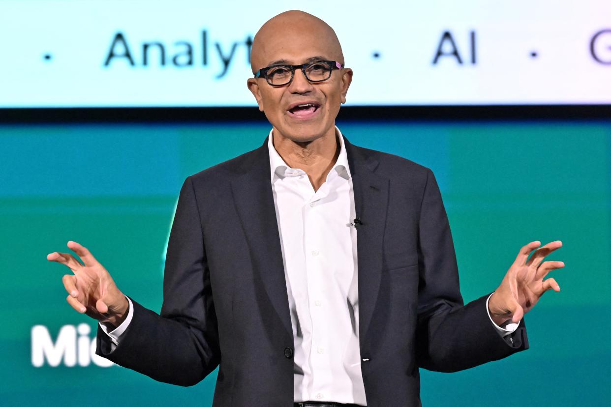 Microsoft CEO Satya Nadella delivers a speech during an event named Microsoft Build AI Day in Jakarta on April 30, 2024. (Photo by Adek BERRY / AFP) (Photo by ADEK BERRY/AFP via Getty Images)