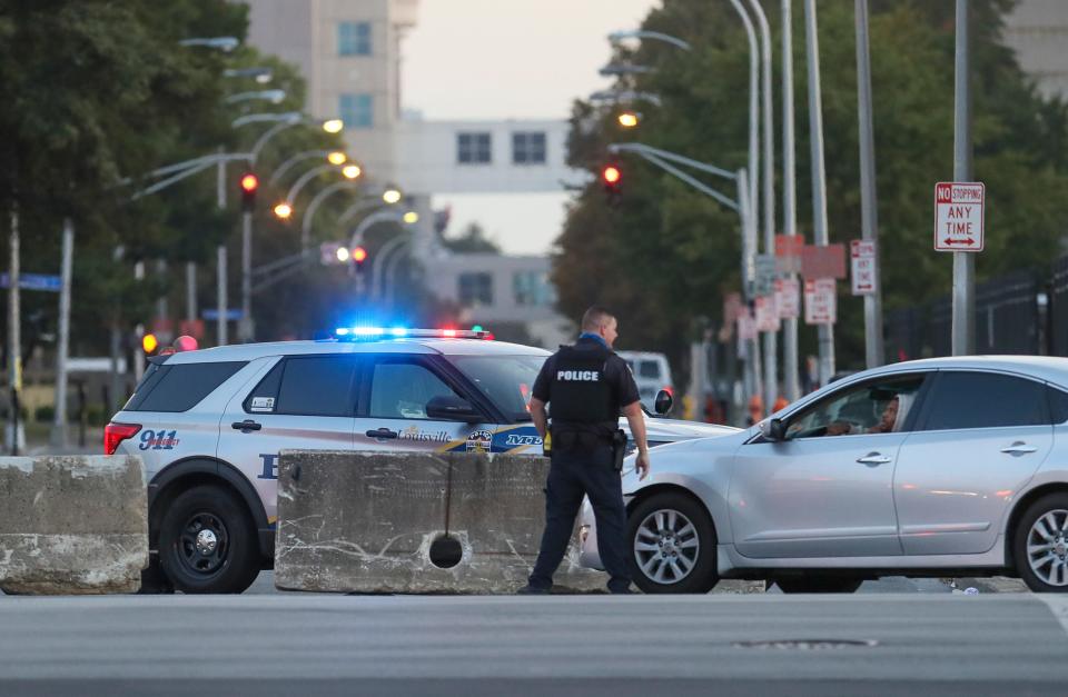 Many of the streets in downtown Louisville are blocked like this one at Seventh and Broadway Tuesday, September 22, 2020, in advance of Attorney General Daniel Cameron's report on the shooting of Breonna Taylor.