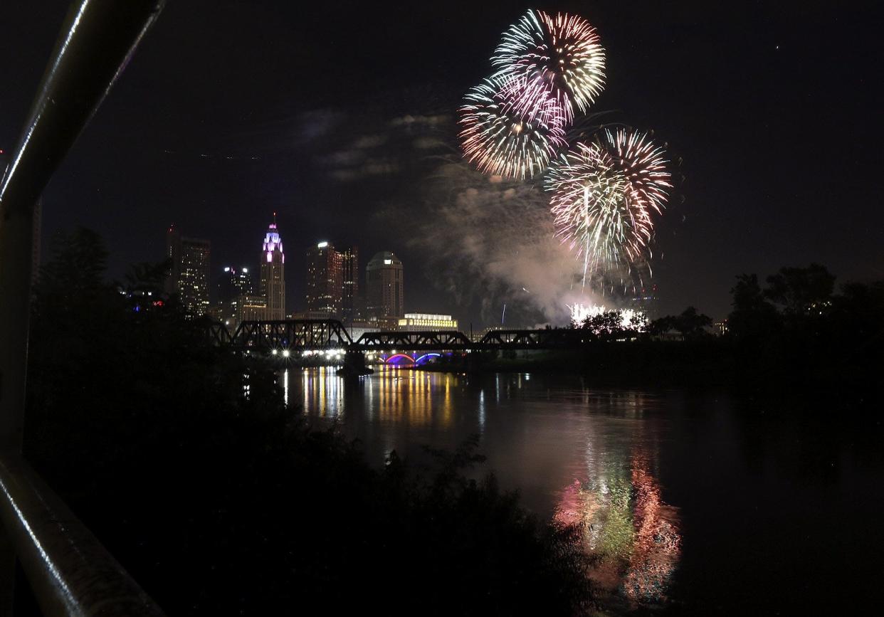 Fireworks explode over the Scioto River during the Red, White and Boom event in Downtown Columbus in 2019. Rain could impact this year's festivities.