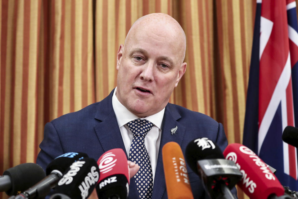 New Zealand's incoming Prime Minister Christopher Luxon addresses the media following the results of the special votes from the Oct. 14 general election, at Parliament in Wellington New Zealand, Friday, Nov. 3, 2023. (Mark Mitchell/NZ Herald via AP)