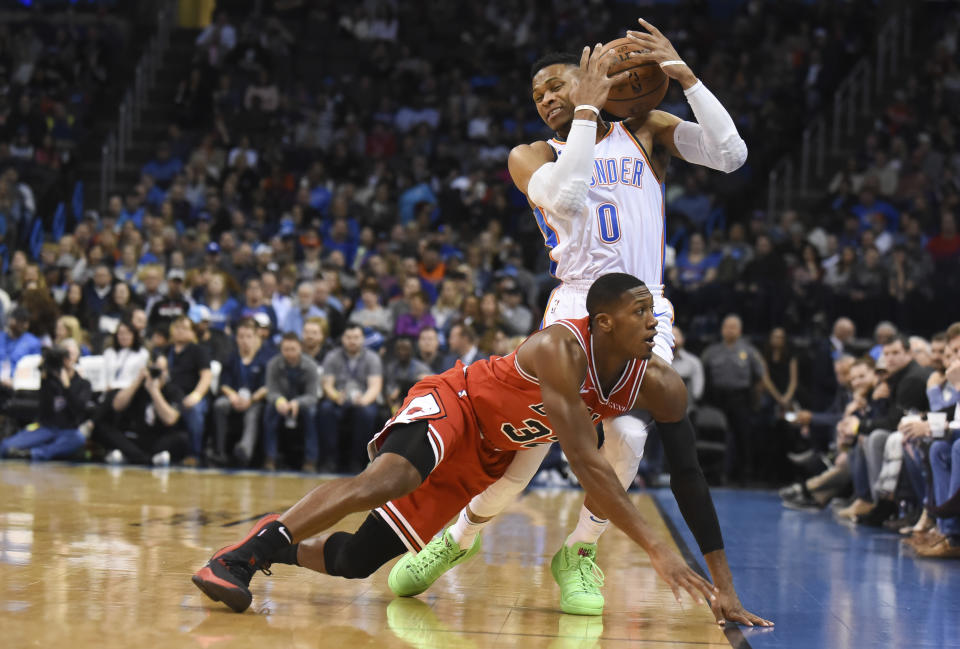 The NBA fined Kris Dunn, Robin Lopez and Jerami Grant, and suspended a pair of Thunder players after an altercation broke out in Oklahoma City on Monday night. (AP Photo/Kyle Phillips)