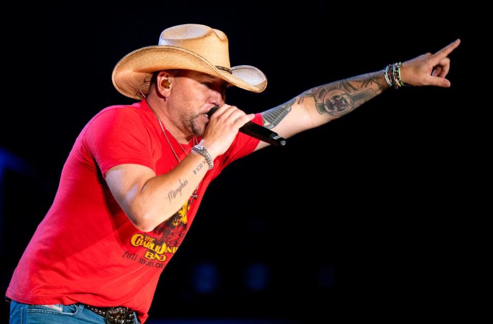 Jason Aldean performs during his concert at Raleigh, N.C.’s Coastal Credit Union Music Park at Walnut Creek, Friday night, Aug. 11, 2023.
