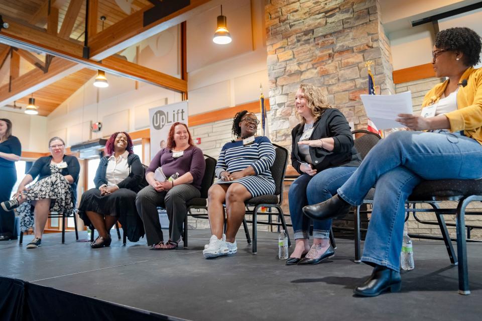 UpLift program participants tell their stories during the Participant Storytelling Panel at the Windsor Heights Community Center, Wednesday, May 15, 2024.