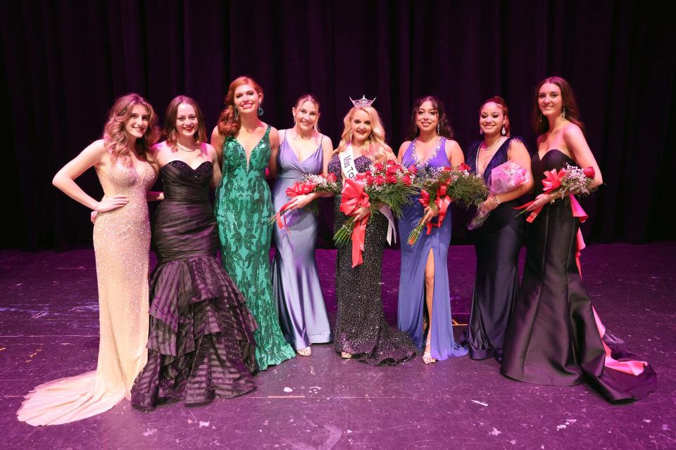 From left, Emma Boonabi-Mirfathali, Bridget Bannon, Annarose Cicchetti, Isabella Tokarz, Miss Taunton 2023 Lily Jeswald, Toni Graca, Mya'grace Alleyne Costello, and Hope Anderson during Saturday night's Miss Taunton competition at Taunton High School on Nov. 5, 2022.  