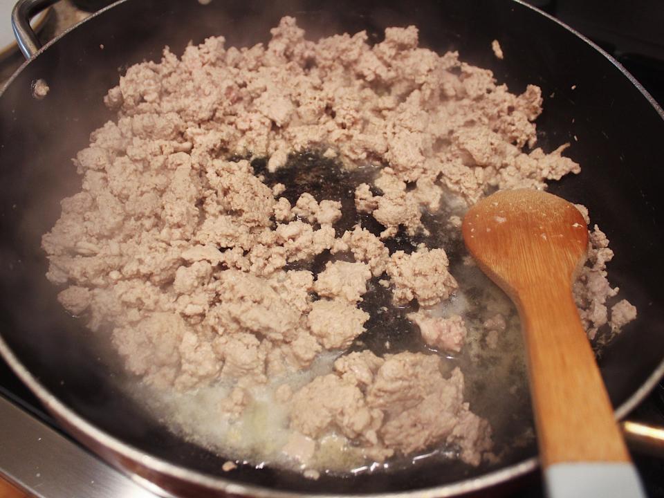 cooked ground turkey meat in a large saute pan