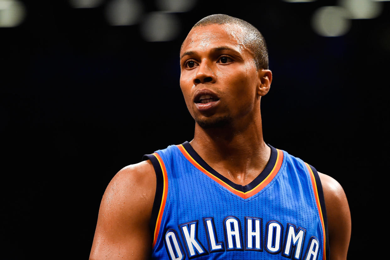 NEW YORK, NY - NOVEMBER 03:  Sebastian Telfair #31 of the Oklahoma City Thunder looks on during a game against the Brooklyn Nets at the Barclays Center on November 3, 2014 in the Brooklyn borough of New York City. NOTE TO USER: User expressly acknowledges and agrees that, by downloading and/or using this photograph, user is consenting to the terms and conditions of the Getty Images License Agreement.  (Photo by Alex Goodlett/Getty Images)