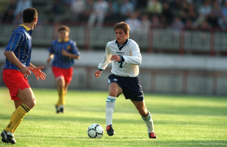 David Beckham on the ball during his international debut.