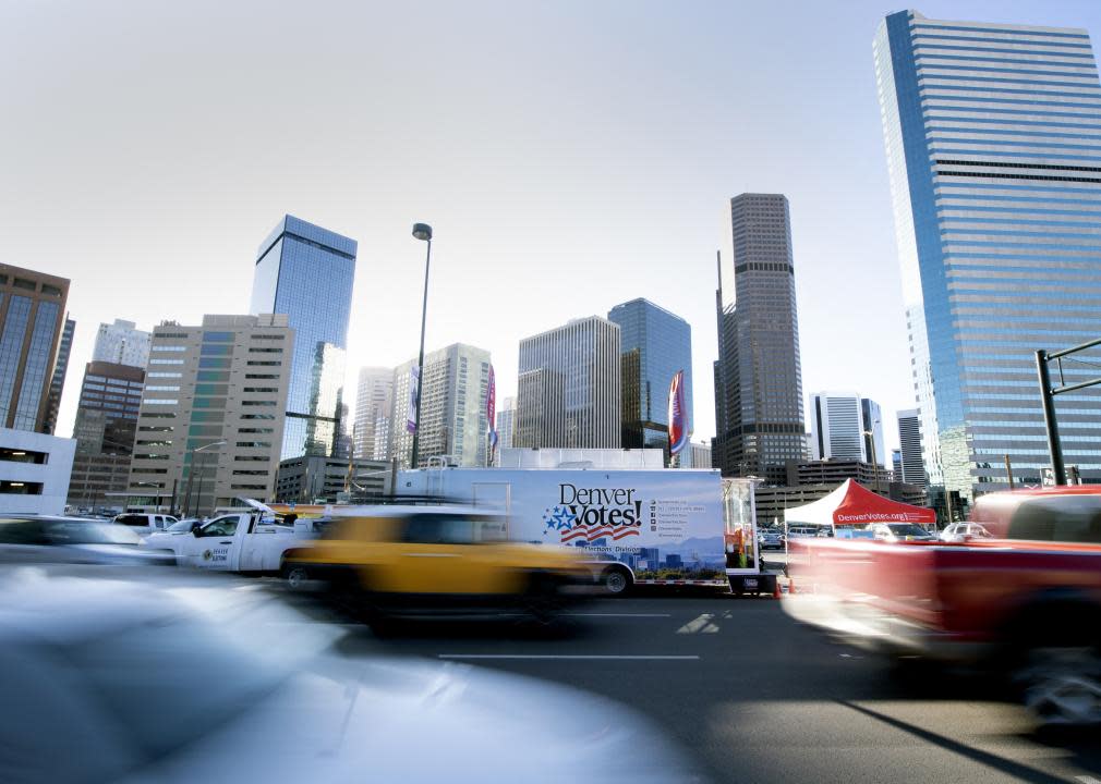 Rush-hour traffic passes in Denver.