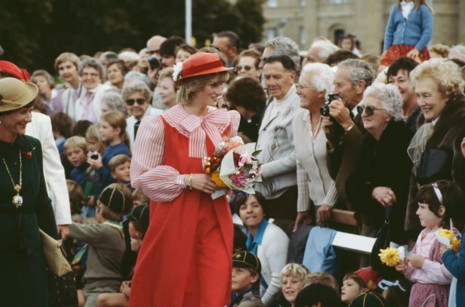 <p>Diana wearing a Bellville Sassoon suit and a John Boyd hat during a trip to Tasmania in March 1983.</p>