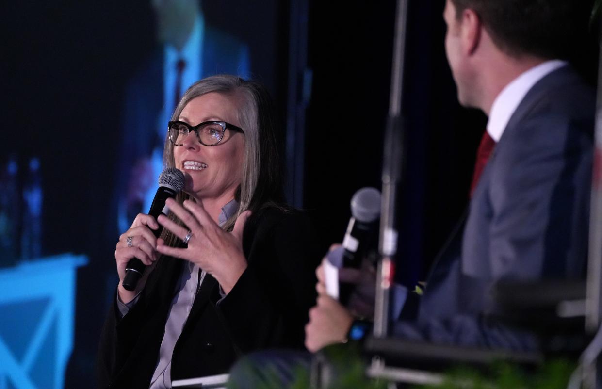 Democratic candidate for governor Katie Hobbs speaks during a forum hosted by the Arizona Chamber of Commerce on Wednesday at Republic National Distributing Company in Phoenix, Ariz. 