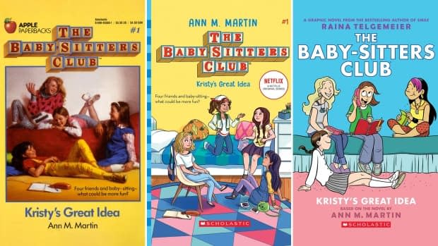 A composite image of three versions of first The Baby-Sitters Club book, Kristy's Great Idea. On the left is the original from 1986 book, centre is the reprint that came out  around the time of the 2020 Netflix series, and the graphic novel cover  from 2006 is on the right.