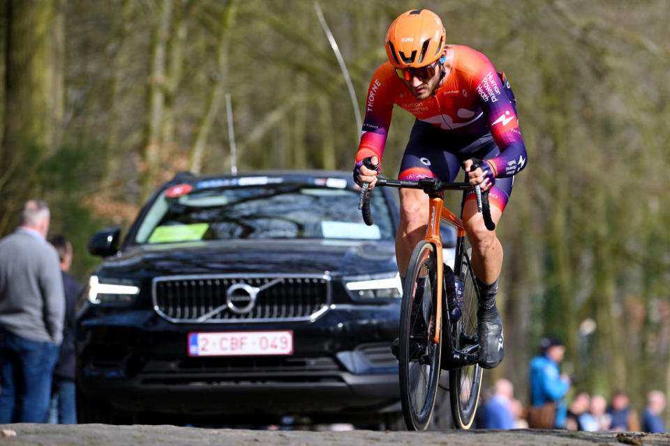 BREDENE BELGIUM  MARCH 17 Adam De Vos of Canada and Team Human Powered Health competes passing through a Kemmelberg cobblestones sector during the 21th Bredene Koksijde Classic 2023 a 1916km one day race from Bredene to Koksijde on March 17 2023 in Koksijde Belgium Photo by Luc ClaessenGetty Images