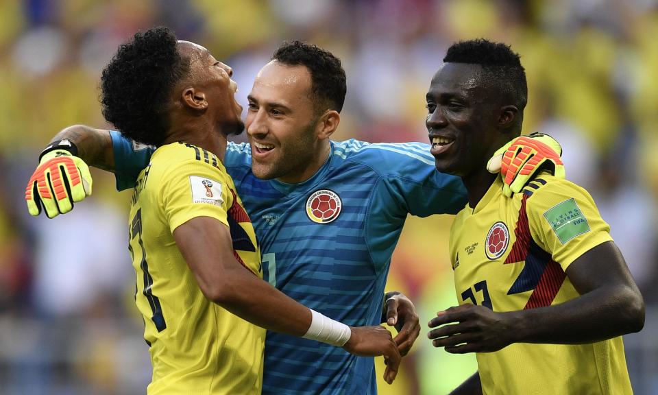 Arsenal’s David Ospina, centre, plays alongside Tottenham’s Davinson Sánchez, right, in Colombia’s World Cup team.